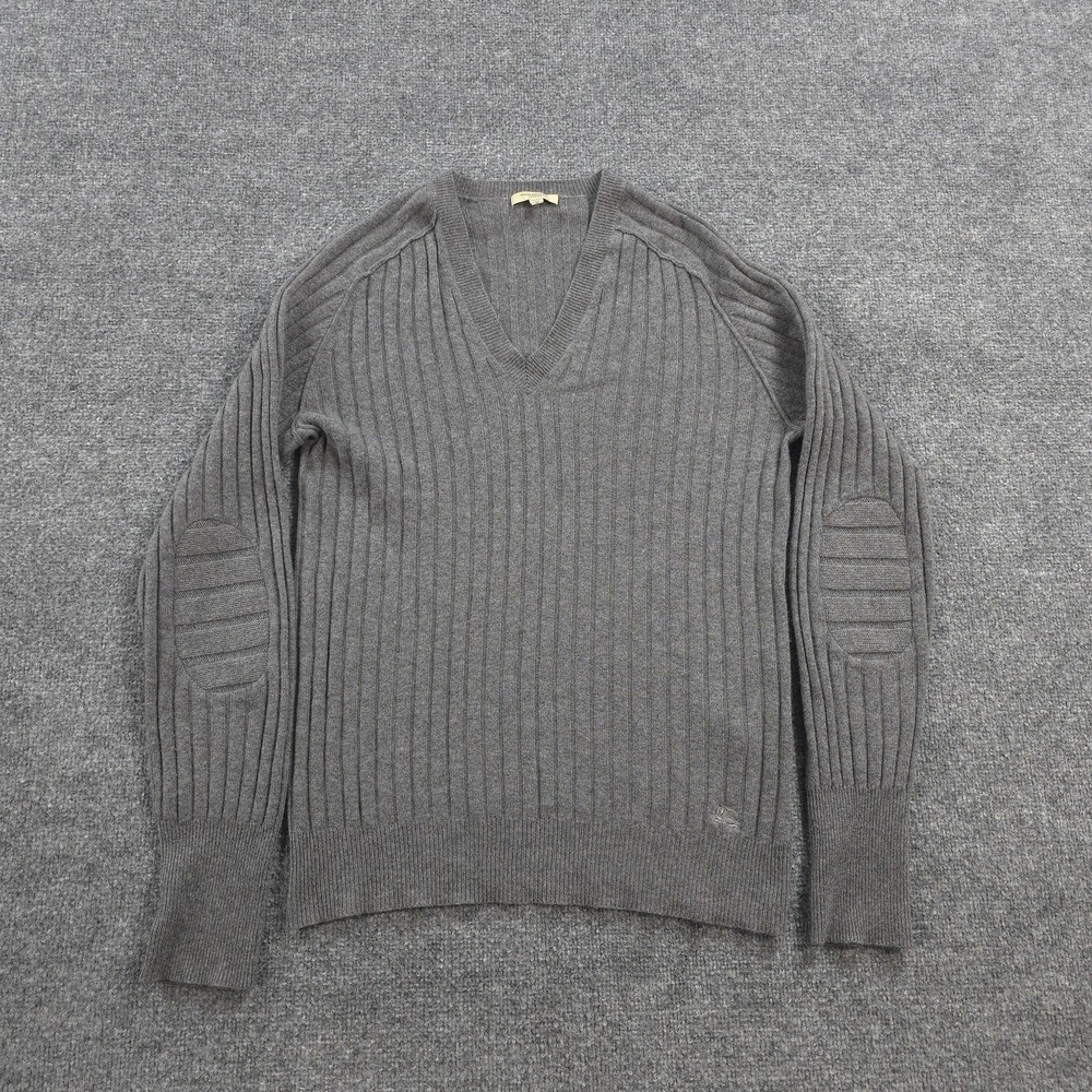 Burberry London Sweater Mens M Gray 100% Cashmere V Neck Ribbed Knit Elbow Patch